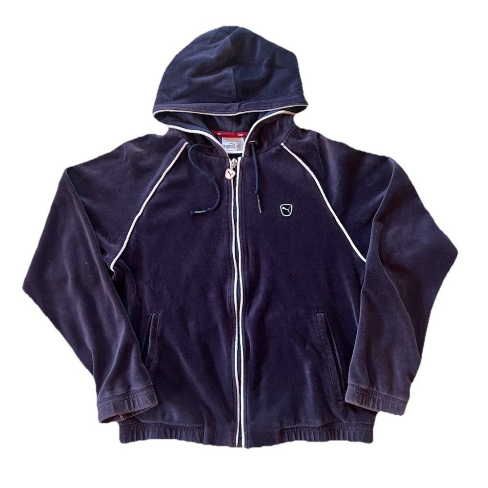 PUMA Vintage Woman’s Velvet Velour Track Jacket Full Zip Navy Blue Sz Medium